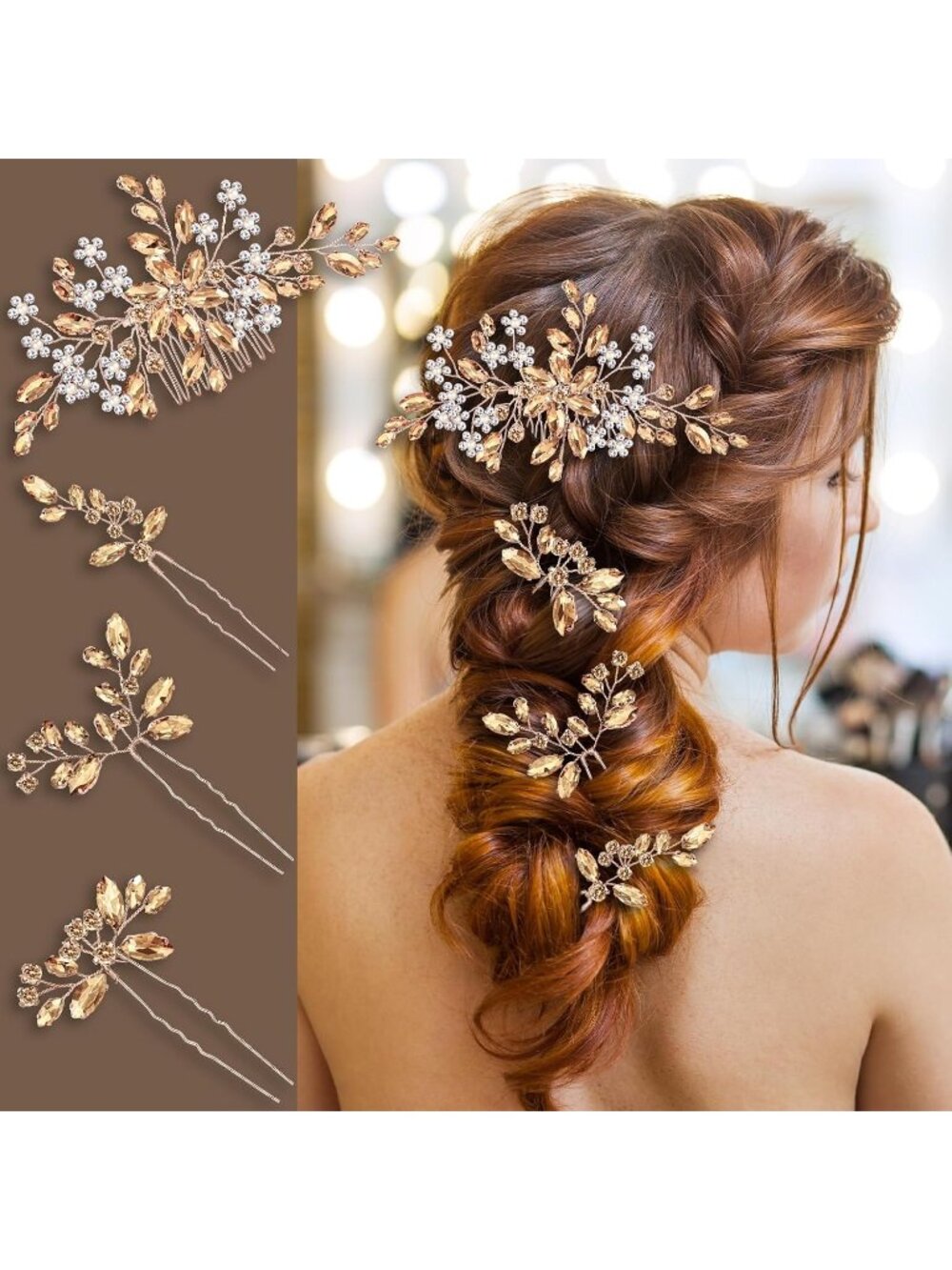 Women's Champagne Rhinestone Copper Bridal Headpiece Floral SOLID Hair Clips